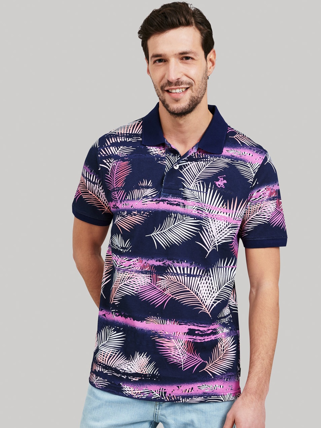 Beverly Hills Polo Club Men Blue Printed Polo Collar T-shirt