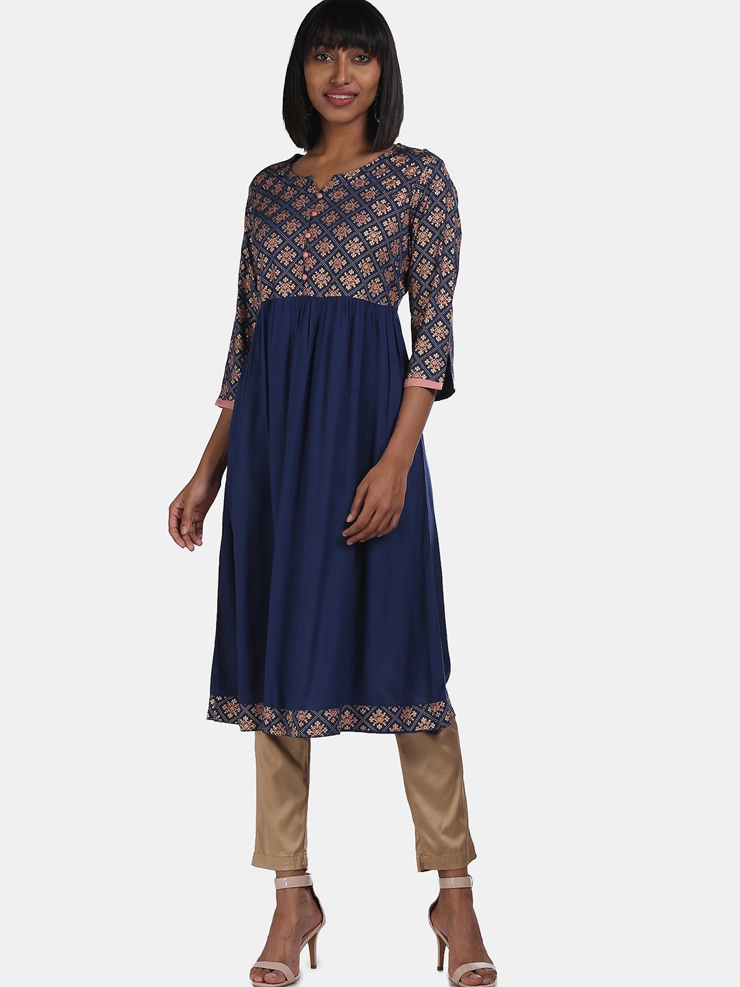 

Karigari Women Navy Blue Ethnic Motifs Yoke Design Anarkali Kurta