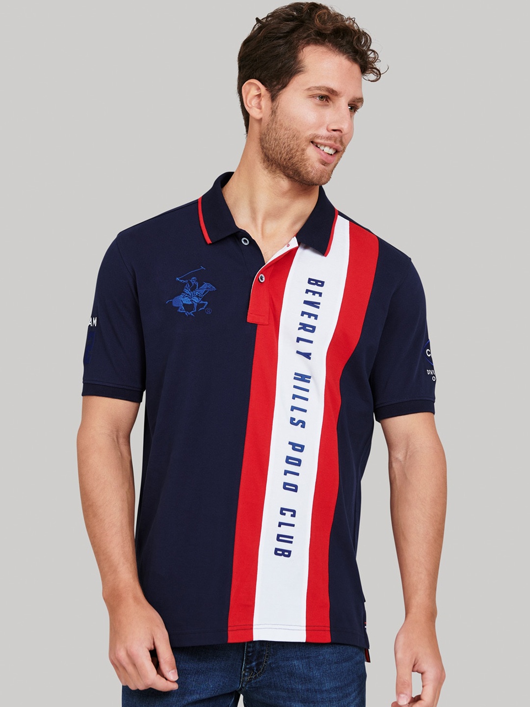 

Beverly Hills Polo Club Men Navy Blue & Red Colourblocked Polo Collar T-shirt