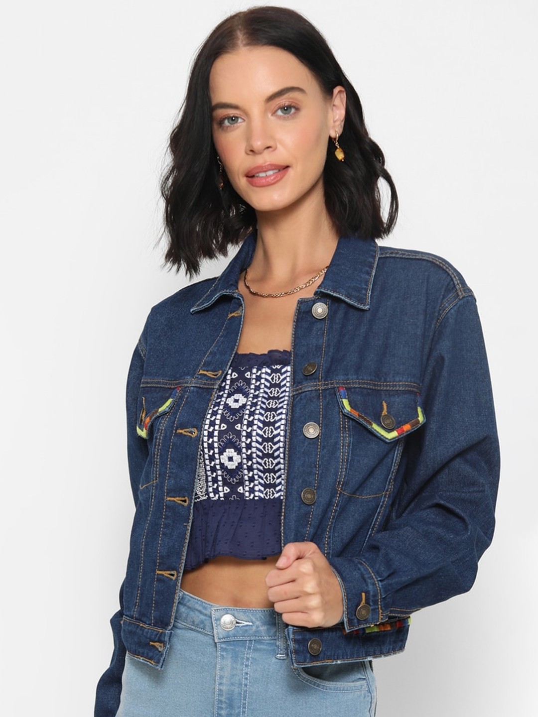 

FOREVER 21 Women Blue Solid Denim Jacket
