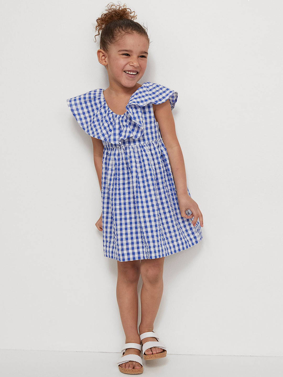 

H&M Girls Blue & White Cotton Flounce-Detail Dress