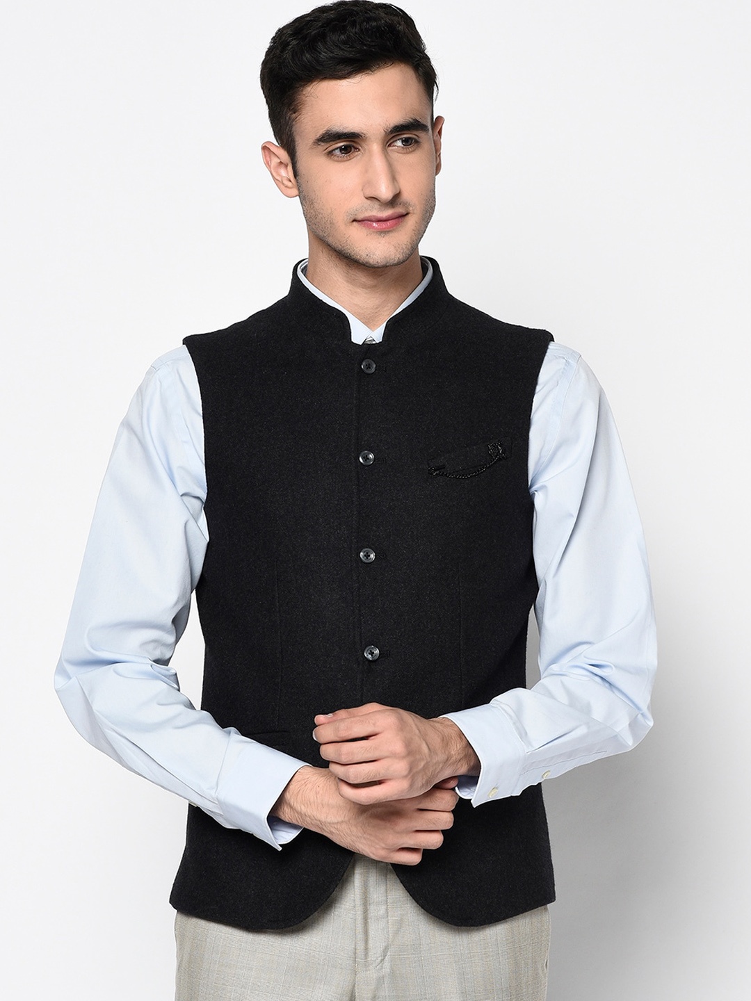 

Blackberrys Men Charcoal Black Slim Fit Pure Cotton Nehru Jacket