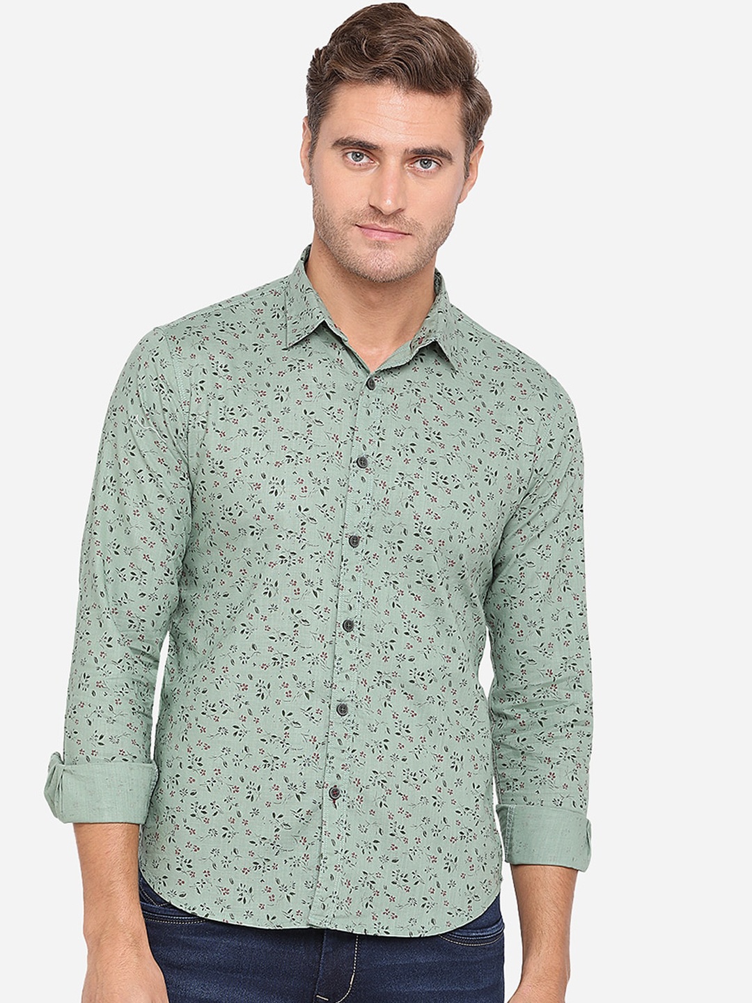 

Greenfibre Men Green Slim Fit Printed Cotton Casual Shirt