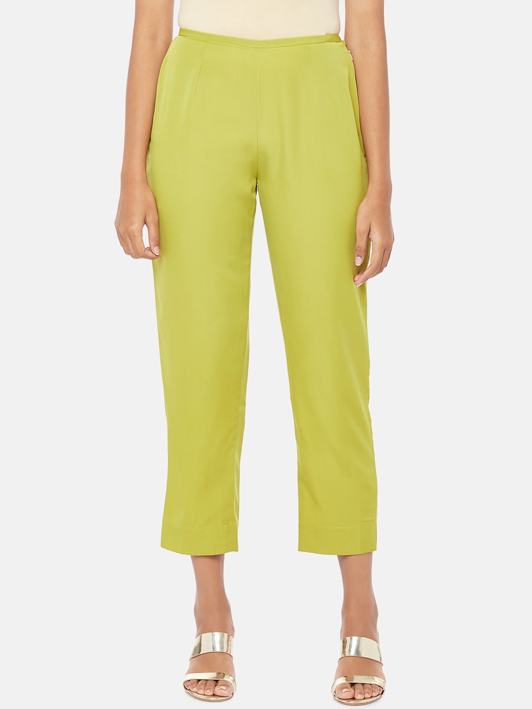 

RANGMANCH BY PANTALOONS Women Lime Green Regular Fit Solid Cigarette Trousers
