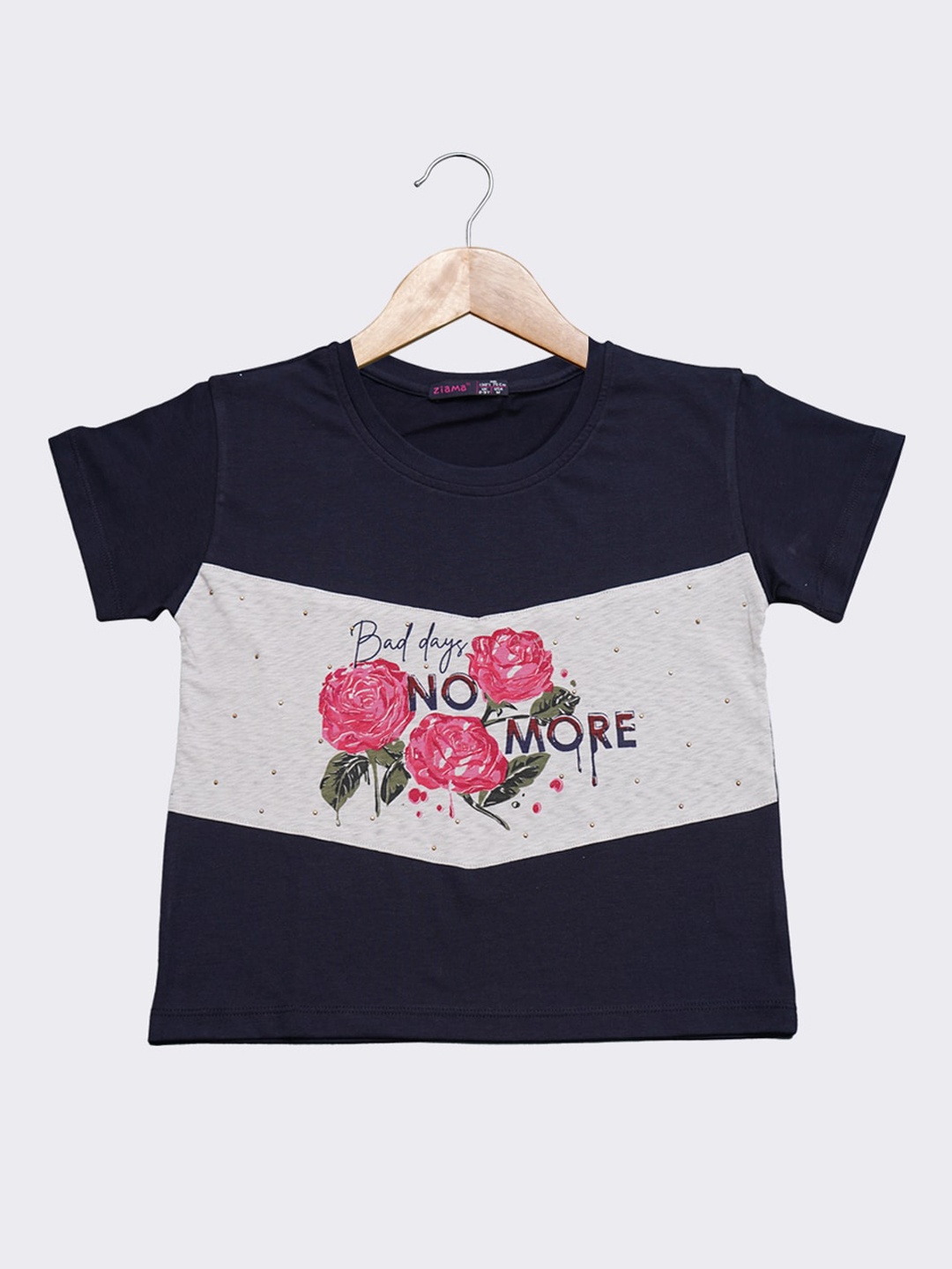 Ziama Girls Navy Blue Printed Round Neck T-shirt