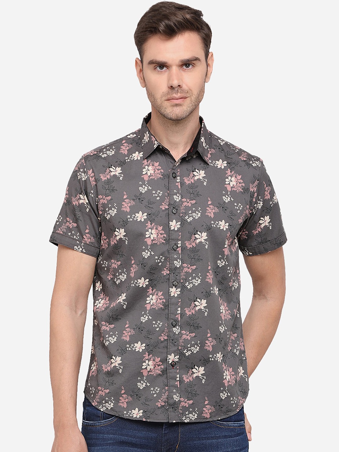 

Greenfibre Men Grey & Pink Slim Fit Printed Casual Shirt