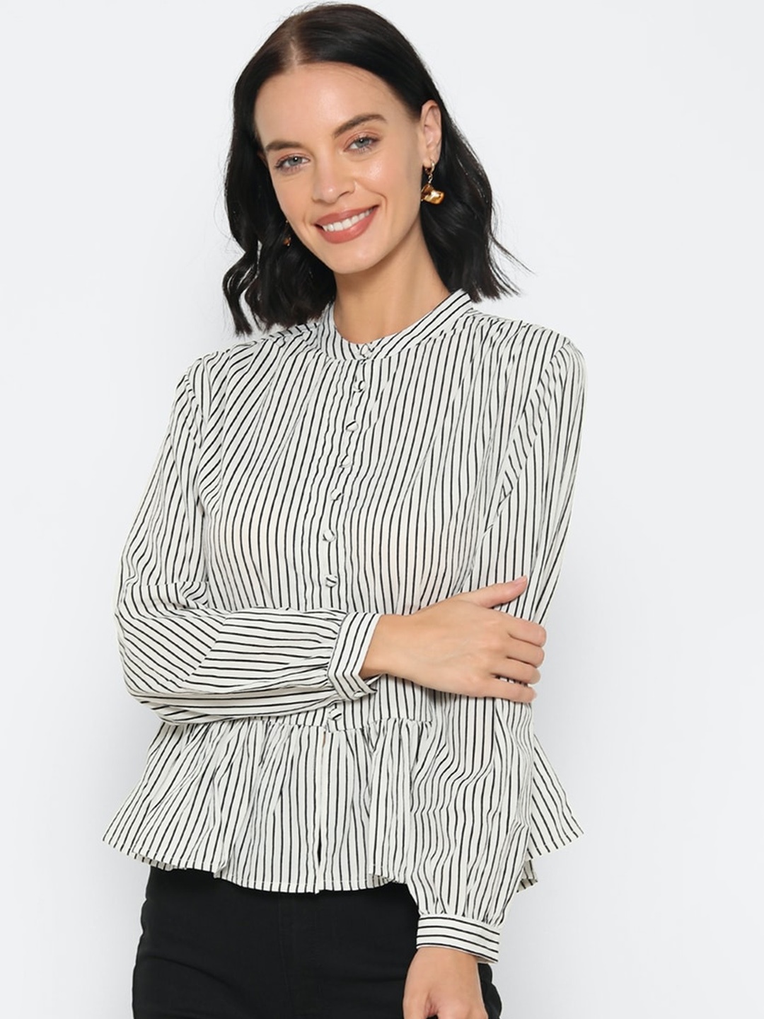 

FOREVER 21 Women Black Striped Mandarin Collar Peplum Top