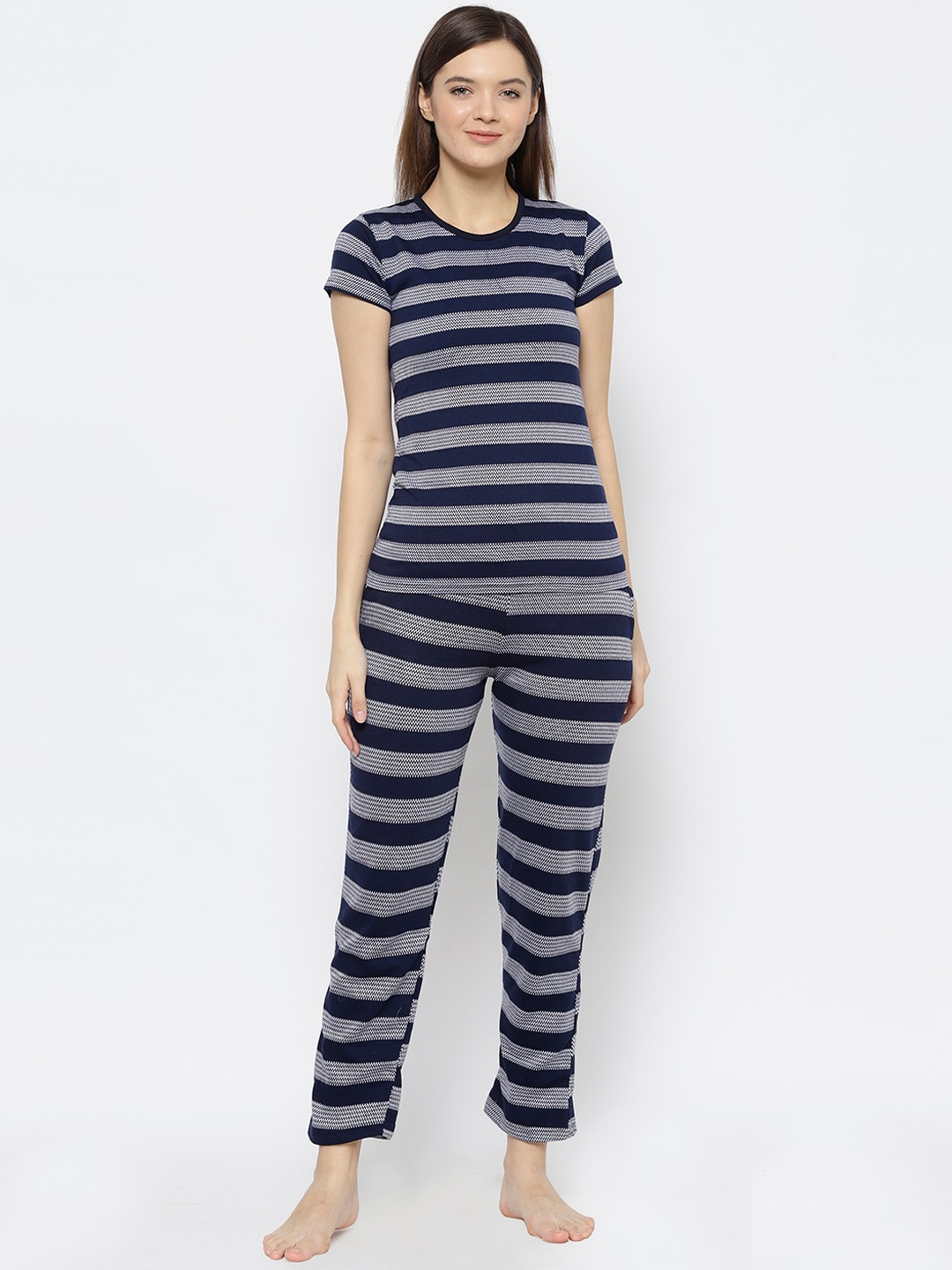 

VIMAL JONNEY Women Navy Blue & White Striped Night suit