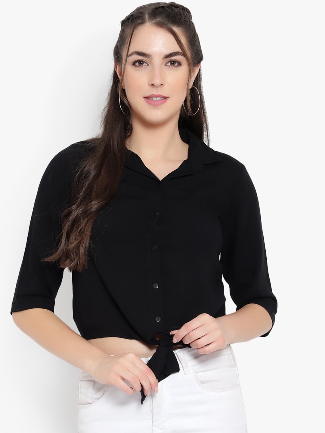 Ayaany Black Solid Shirt Style Top