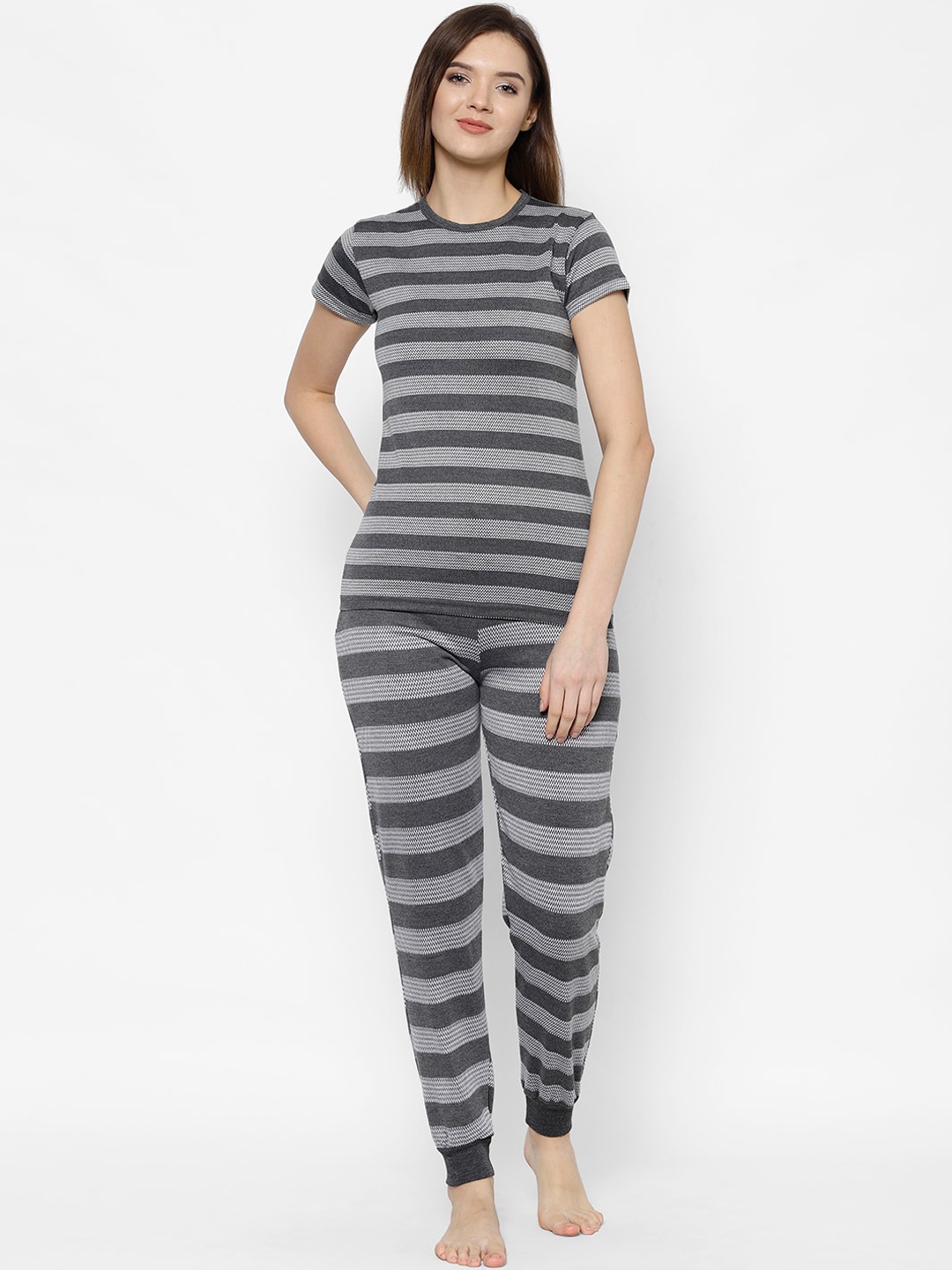 VIMAL JONNEY Women Grey & White Striped T-shirt and Pyjamas