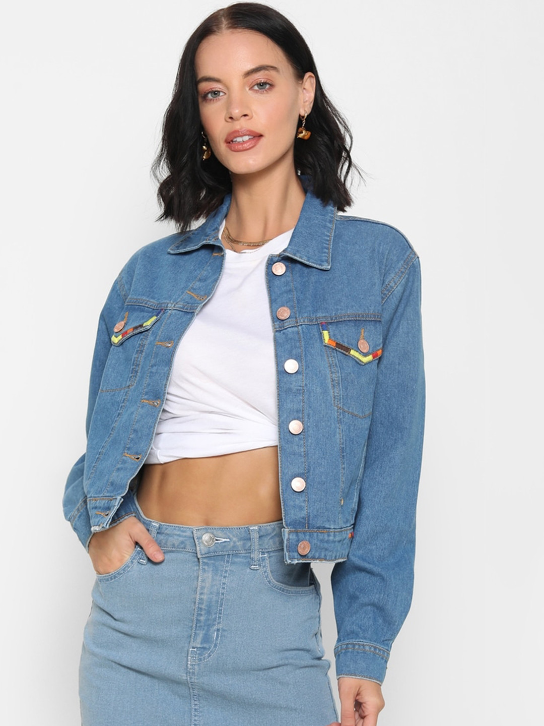 

FOREVER 21 Women Blue Solid Denim Jacket