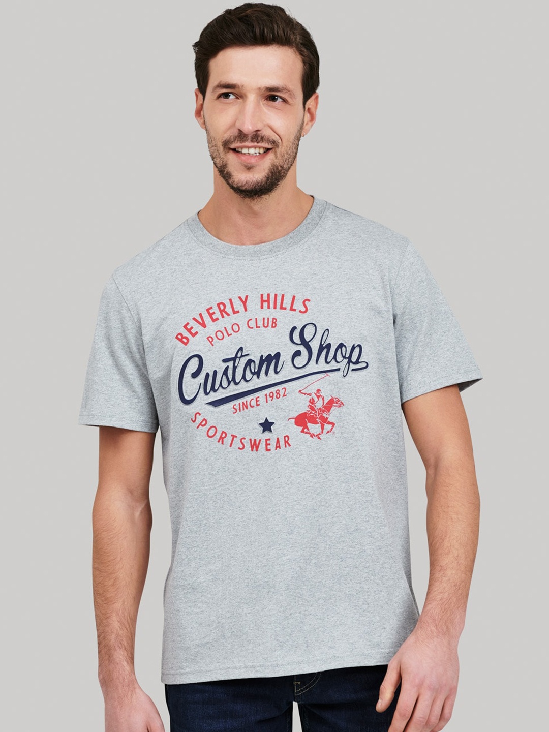 

Beverly Hills Polo Club Men Grey Printed Round Neck Cotton T-shirt