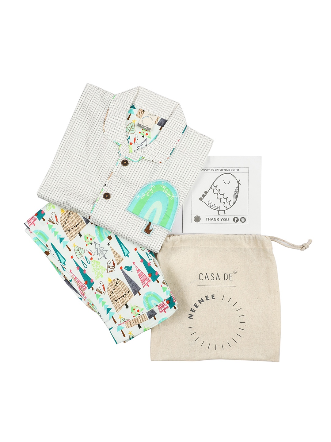 

CASA DE NEE NEE Kids Off-White & Green Checked Night Suit