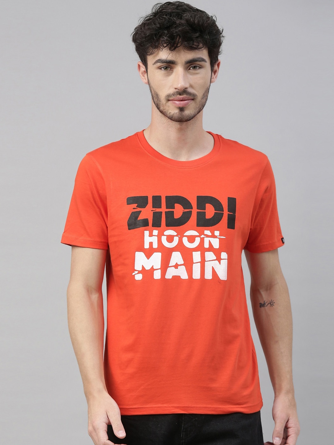 Bushirt Men Orange Printed Round Neck Cotton Pure Cotton T-shirt