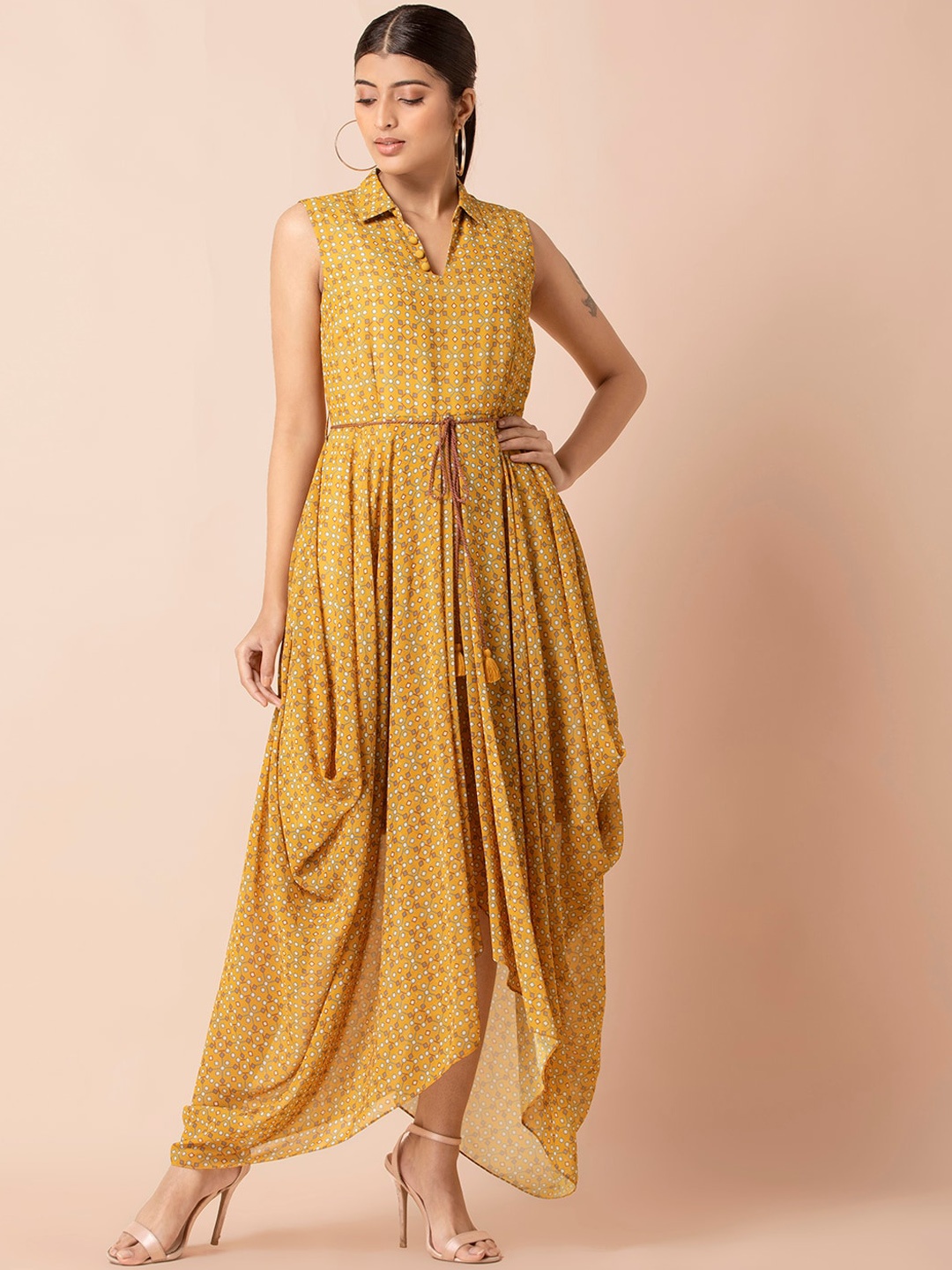 

INDYA Women Mustard Yellow & White Printed Collared Cowl Maxi Dress
