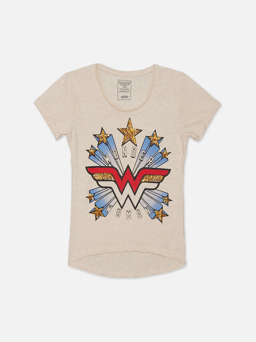 

Kids Ville Girls Beige Wonder Woman Printed Round Neck T-shirt