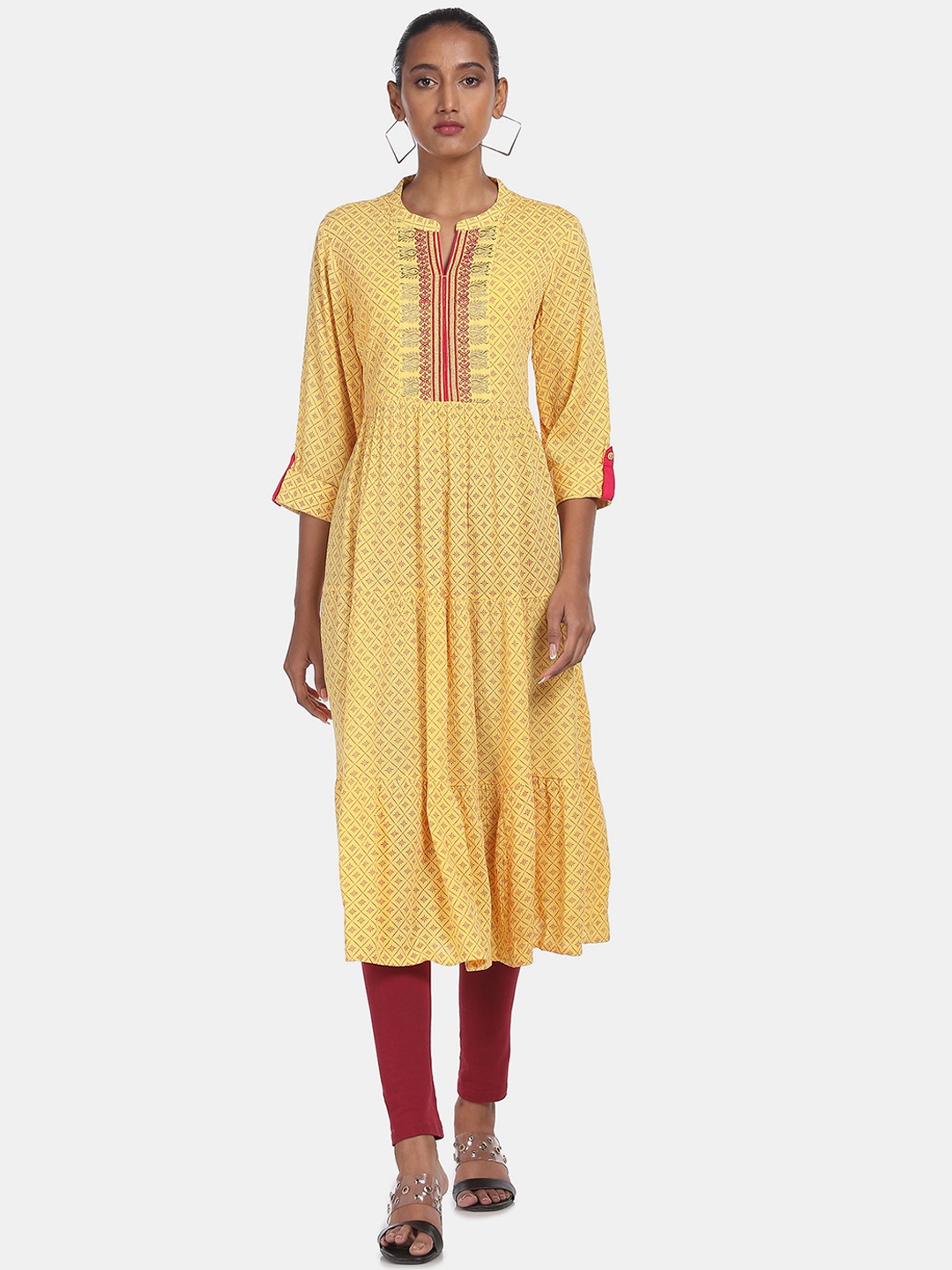 

Anahi Women Yellow & Red Ethnic Motifs Printed Thread Work Anarkali Kurta