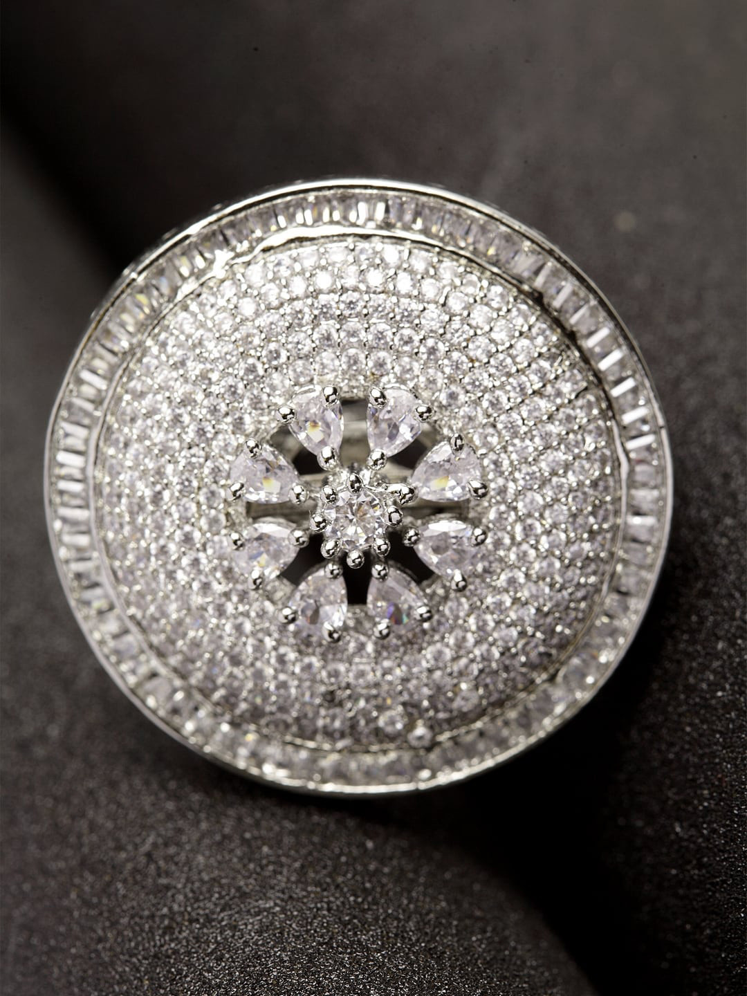 

ANIKAS CREATION Silver-Plated American Diamond-Studded Handcrafted Adjustable Finger Ring