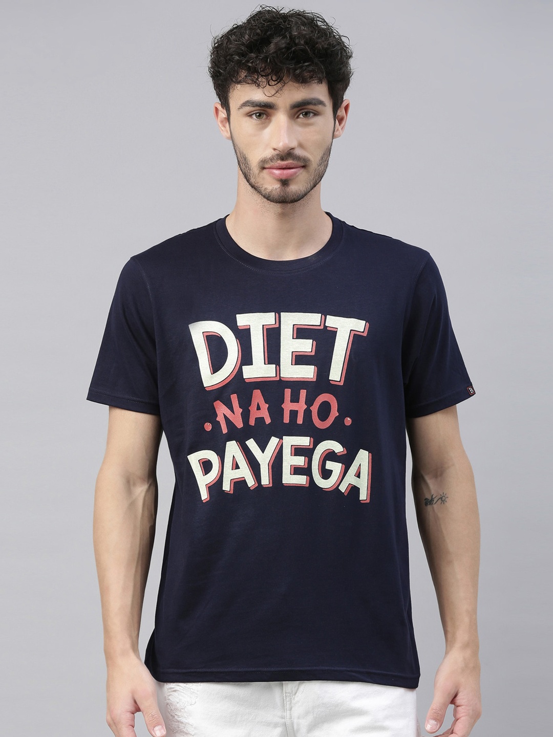 

Bushirt Menvy Blue Diet Ho Printed Round Neck Pure Cotton T-shirt, Navy blue