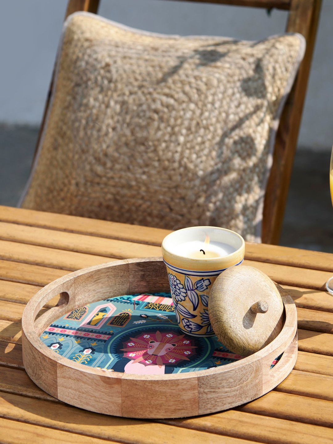 

Chumbak Teal Blue & Beige Printed Mango Wood Just being Royal Tray