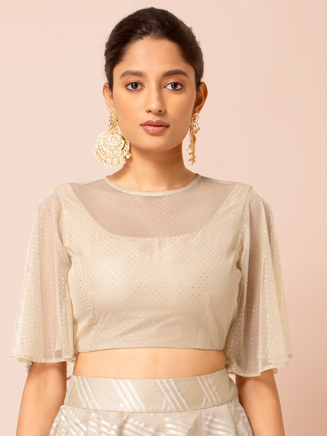 

INDYA Beige Printed Flared Sleeves Regular Ethnic Crop Top