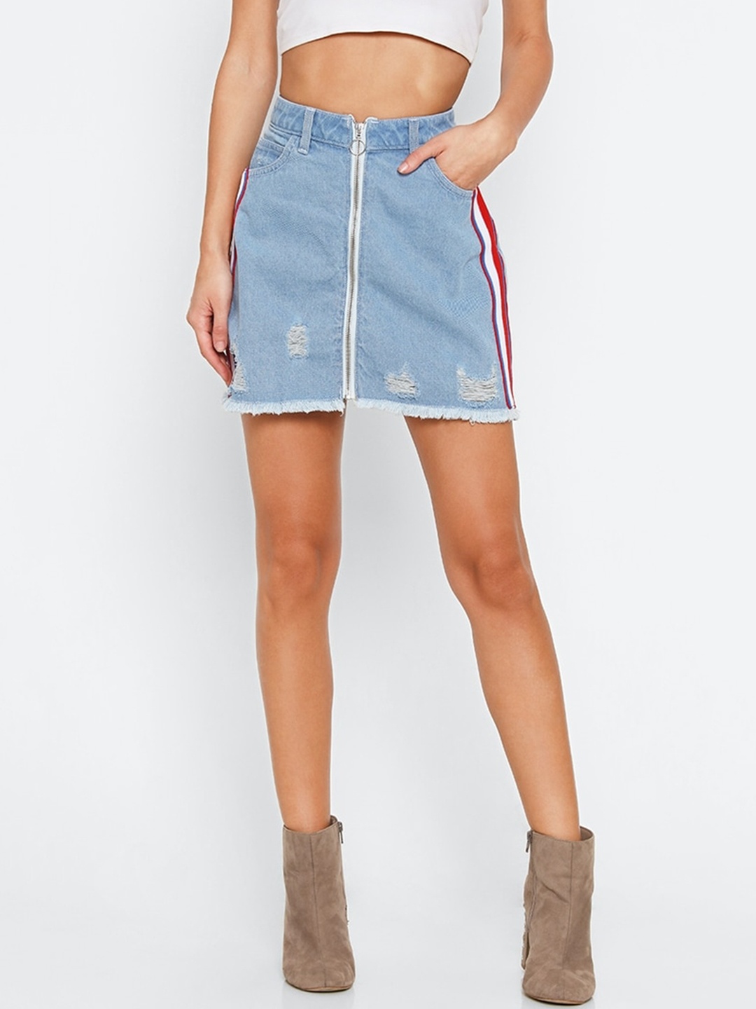 

FOREVER 21 Women Blue Washed Distressed Denim A-Line Mini Skirt