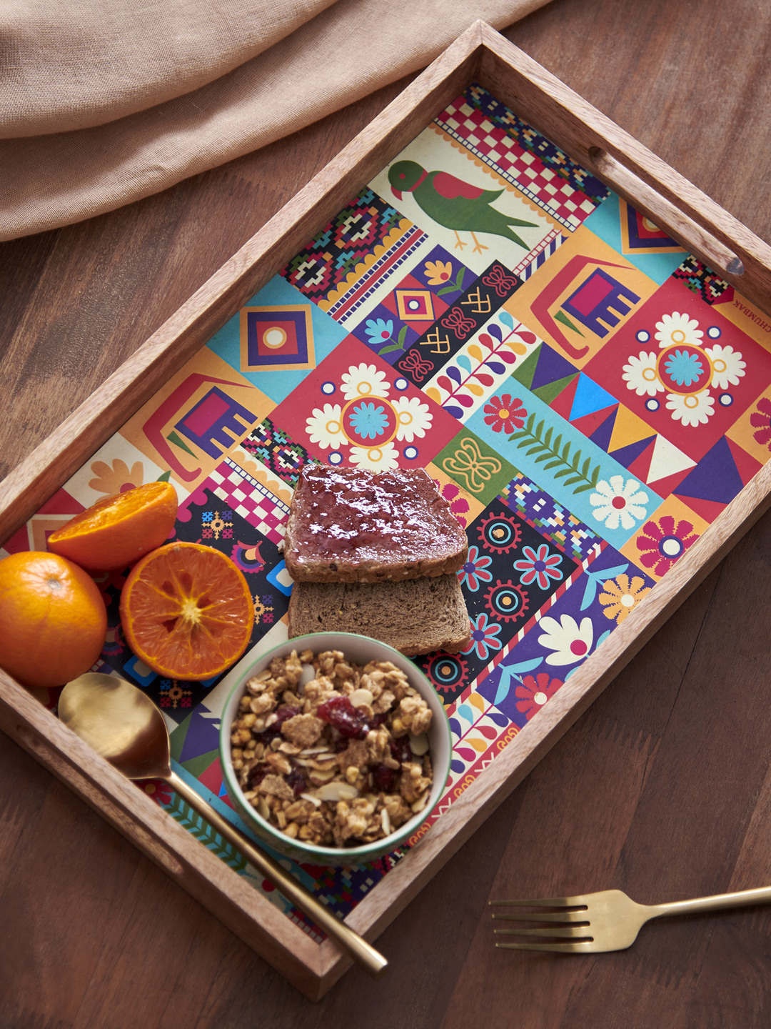 

Chumbak Multicoloured Printed Mango Wood Tota Bahaar Tray, Brown