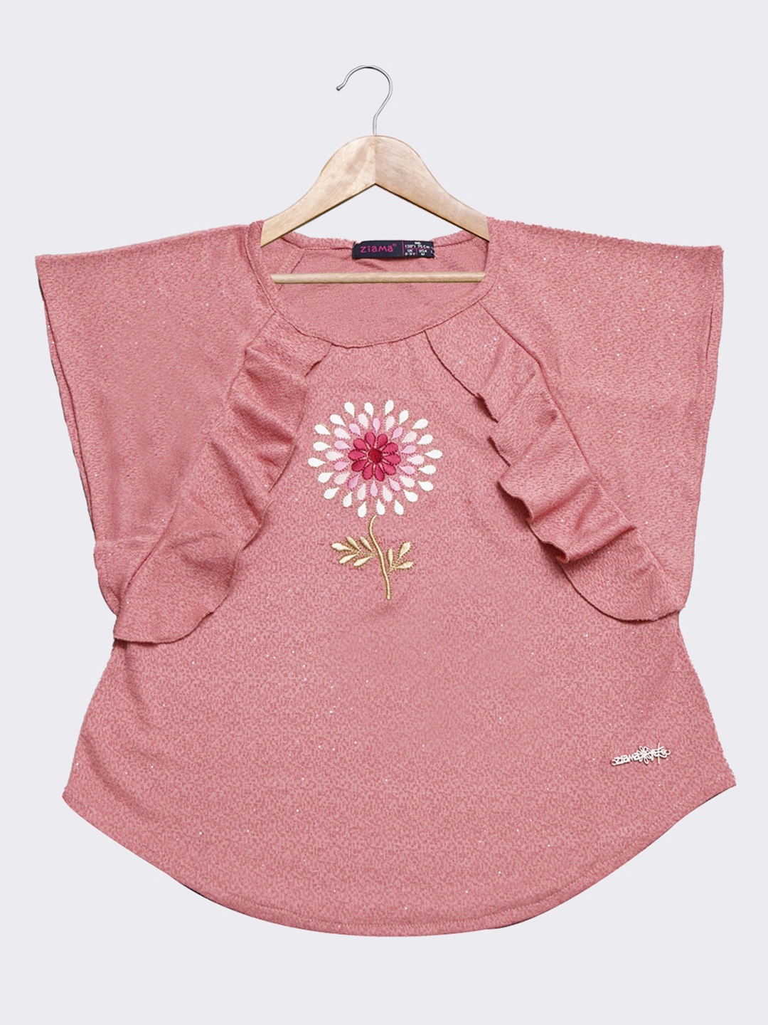 

Ziama Peach-Coloured & White Floral Embroidered Batwing Sleeves A-Line Top
