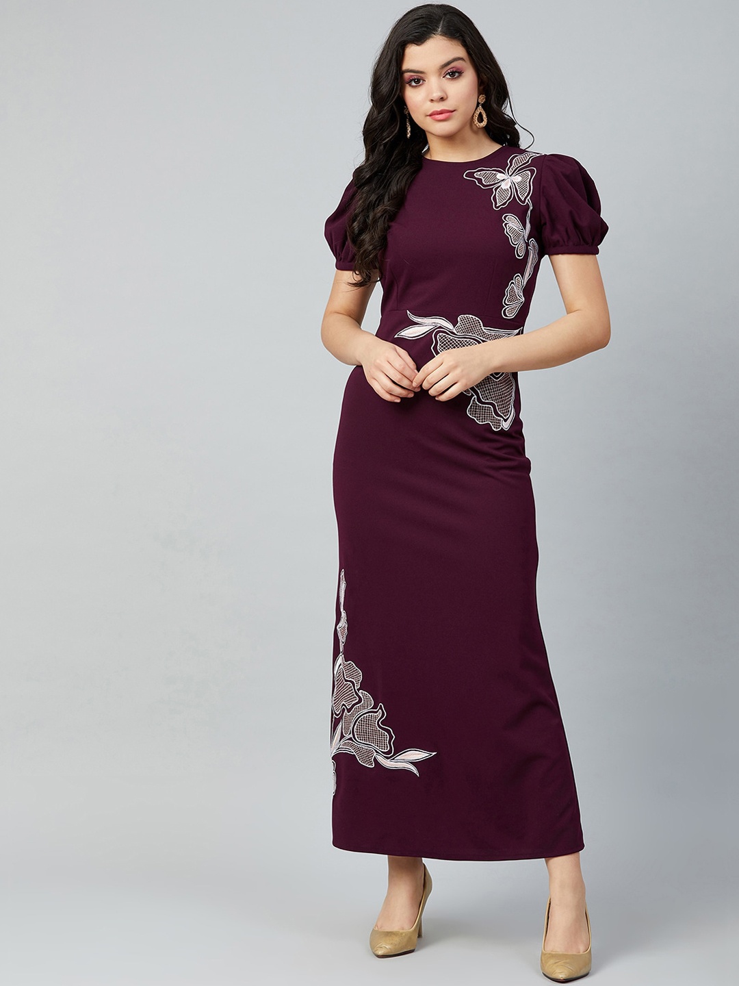 

Athena Women Burgundy Embroidered Maxi Dress with Puff Sleeves