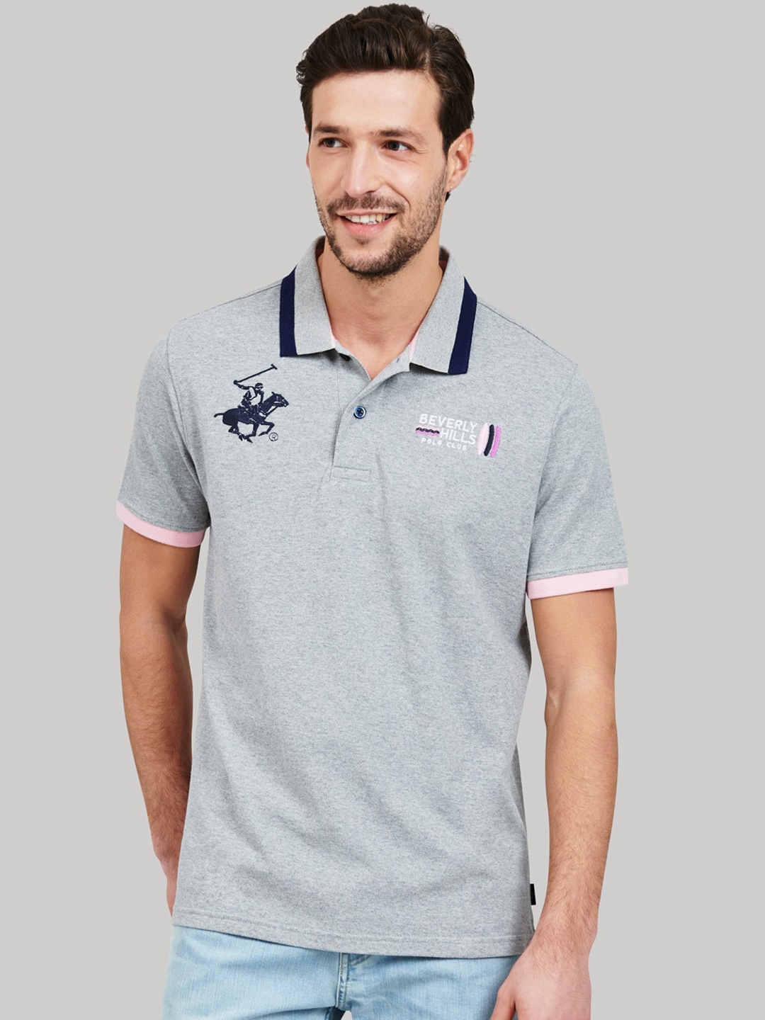 

Beverly Hills Polo Club Men Grey Solid Cotton Polo Collar T-shirt