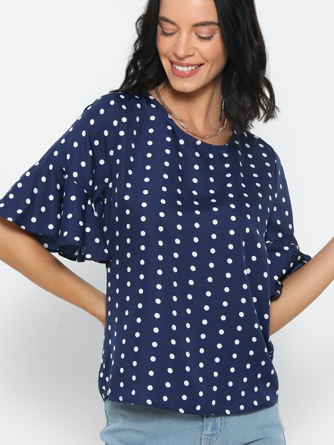 

FOREVER 21 Women Navy Blue Printed Kimono Sleeves Regular Top