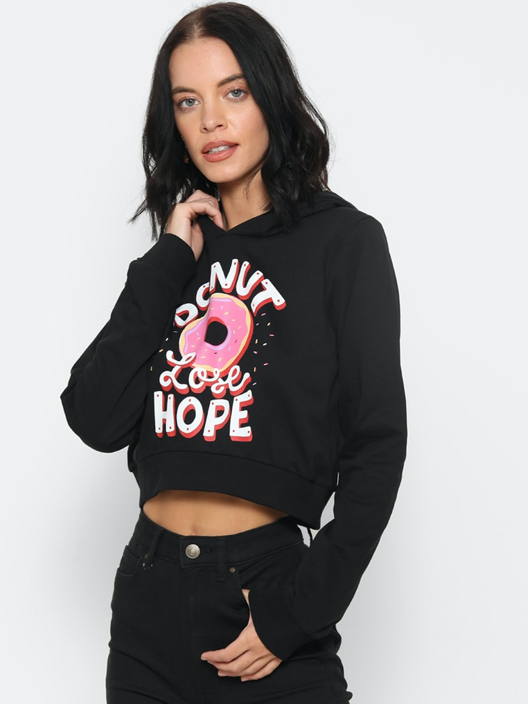 

FOREVER 21 Women Black Printed Hooded Sweatshirt