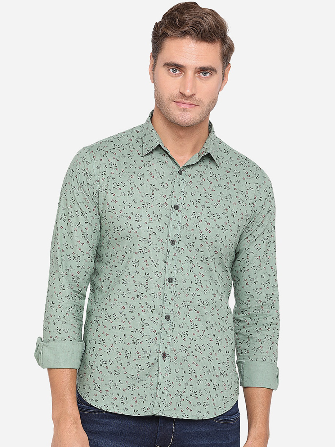 

Greenfibre Men Slim Fit Printed Cotton Casual Shirt, Green