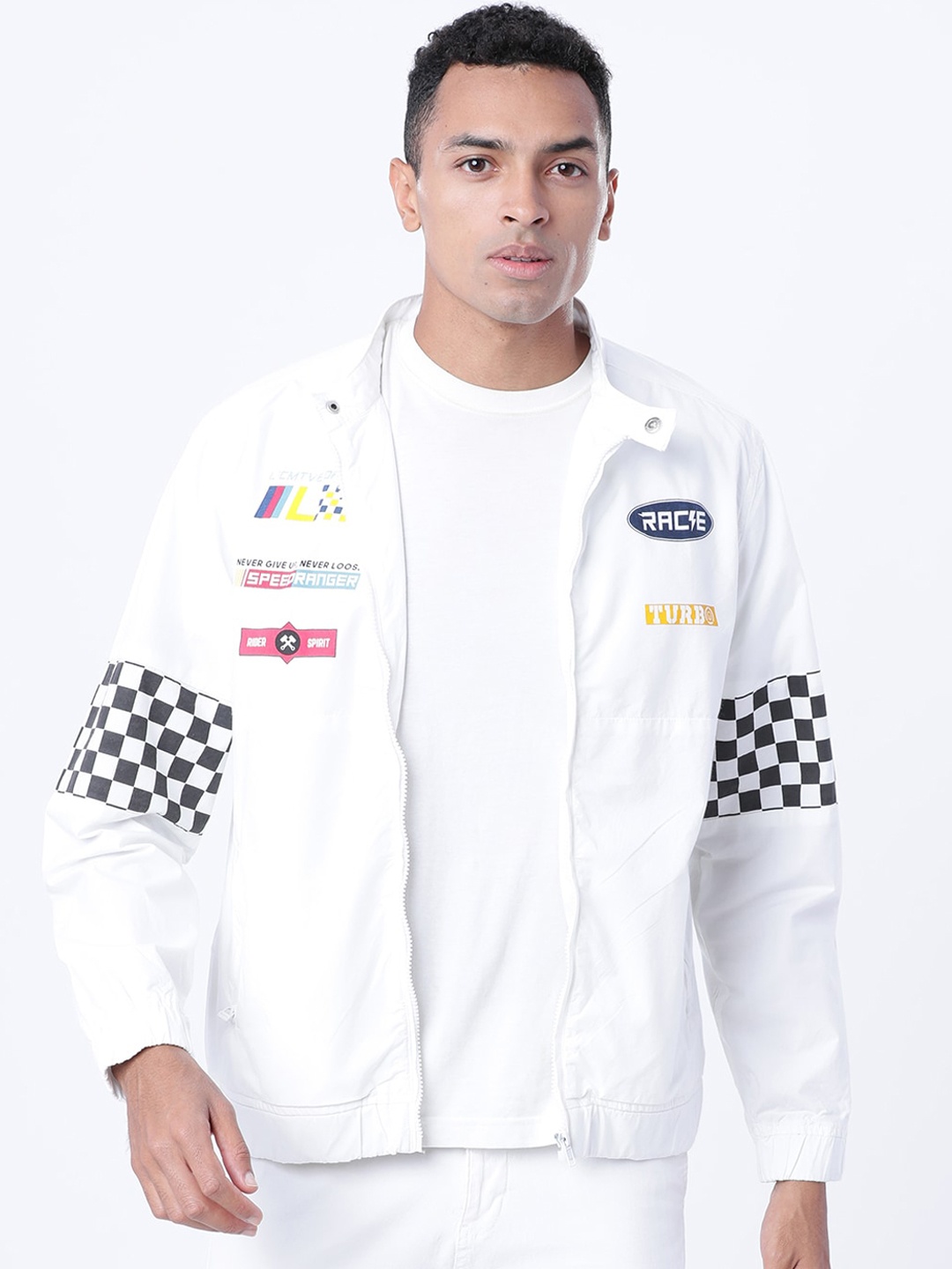 

LOCOMOTIVE Men White Printed Biker Jacket