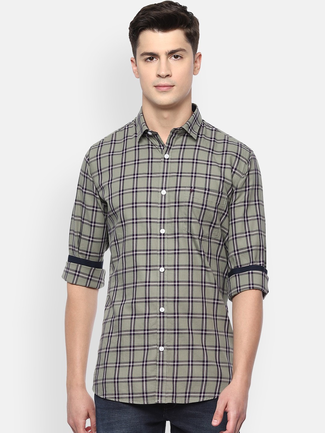 

Van Heusen Sport Men Olive Green & Navy Blue Slim Fit Checked Cotton Casual Shirt
