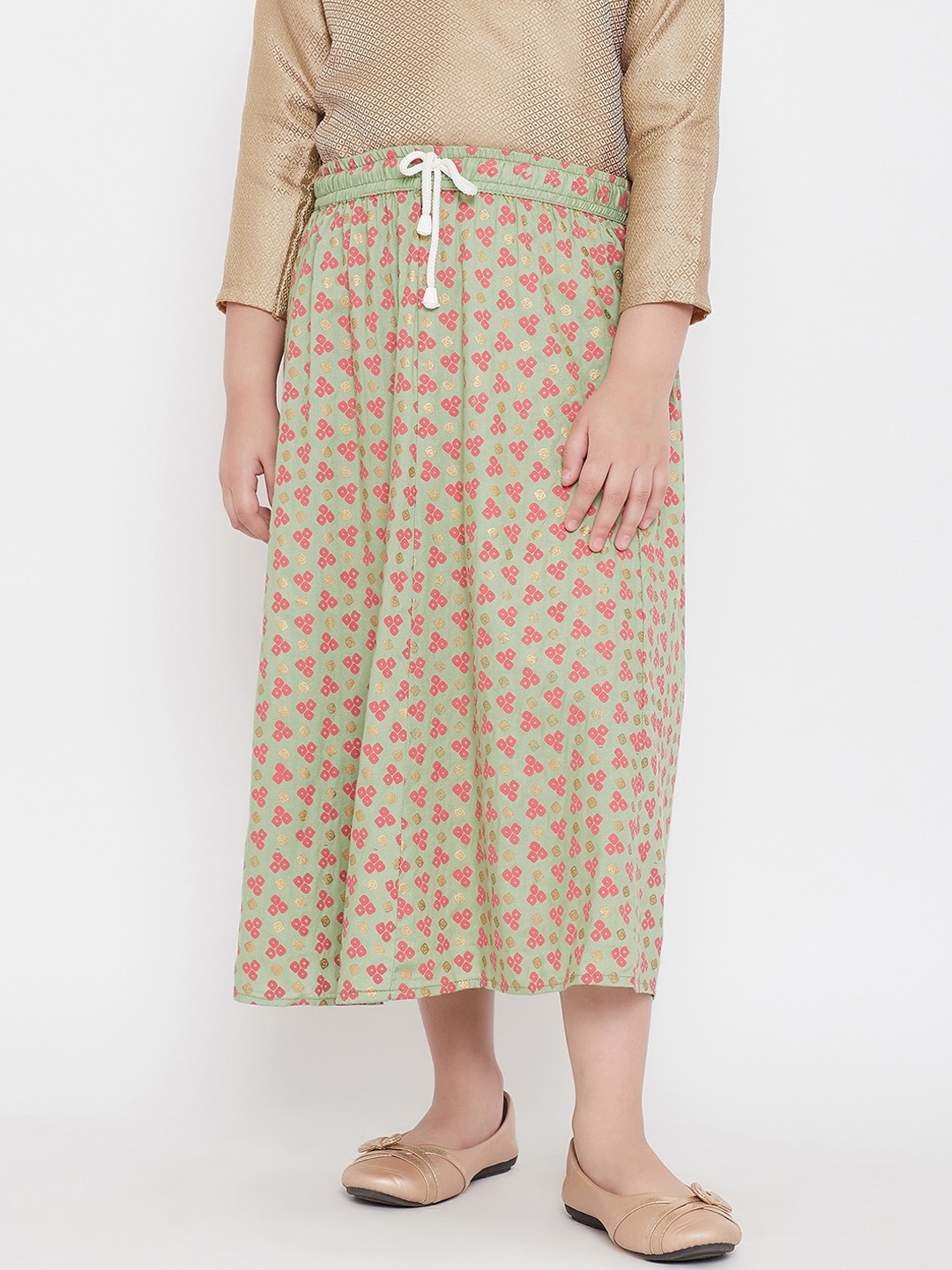 

Baani Creations Girls Green & Pink Printed A-Line Midi Skirt