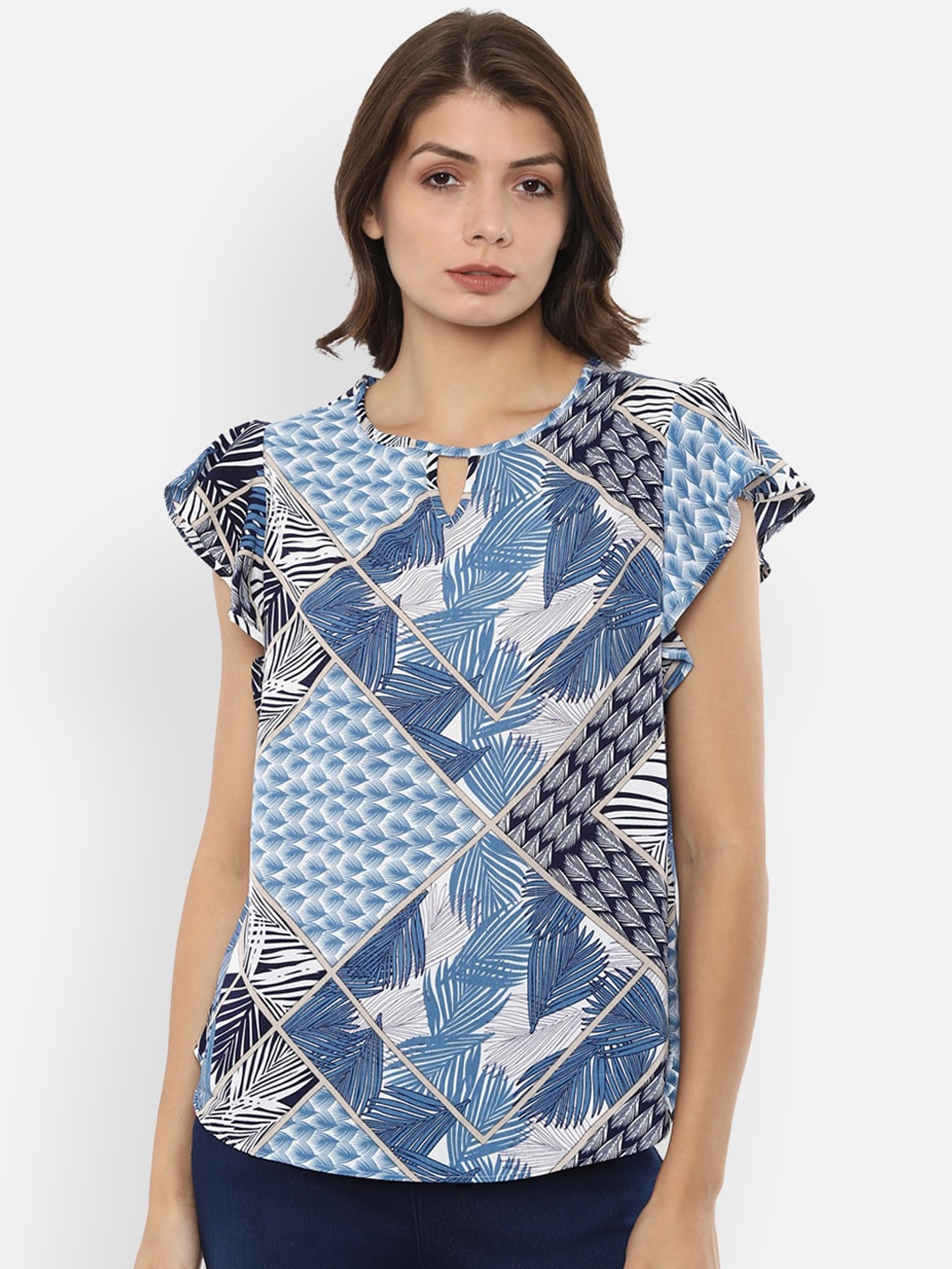 

Van Heusen Woman Blue & Off White Floral Printed Keyhole Neck A-Line Top