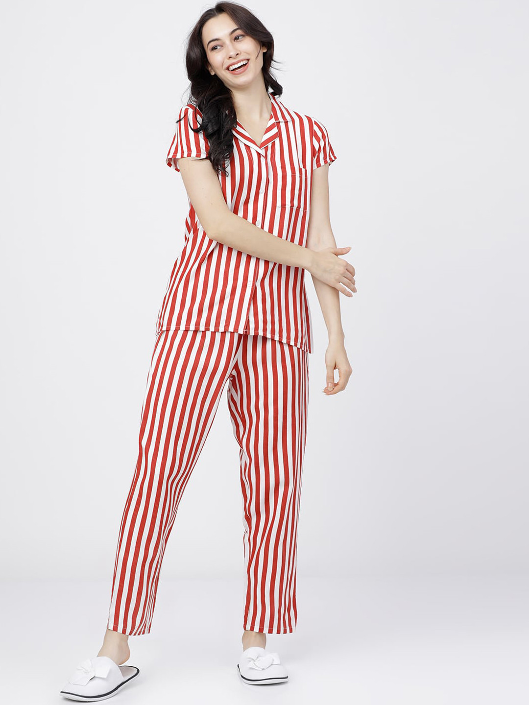 

Tokyo Talkies Women Red & White Striped Night suit