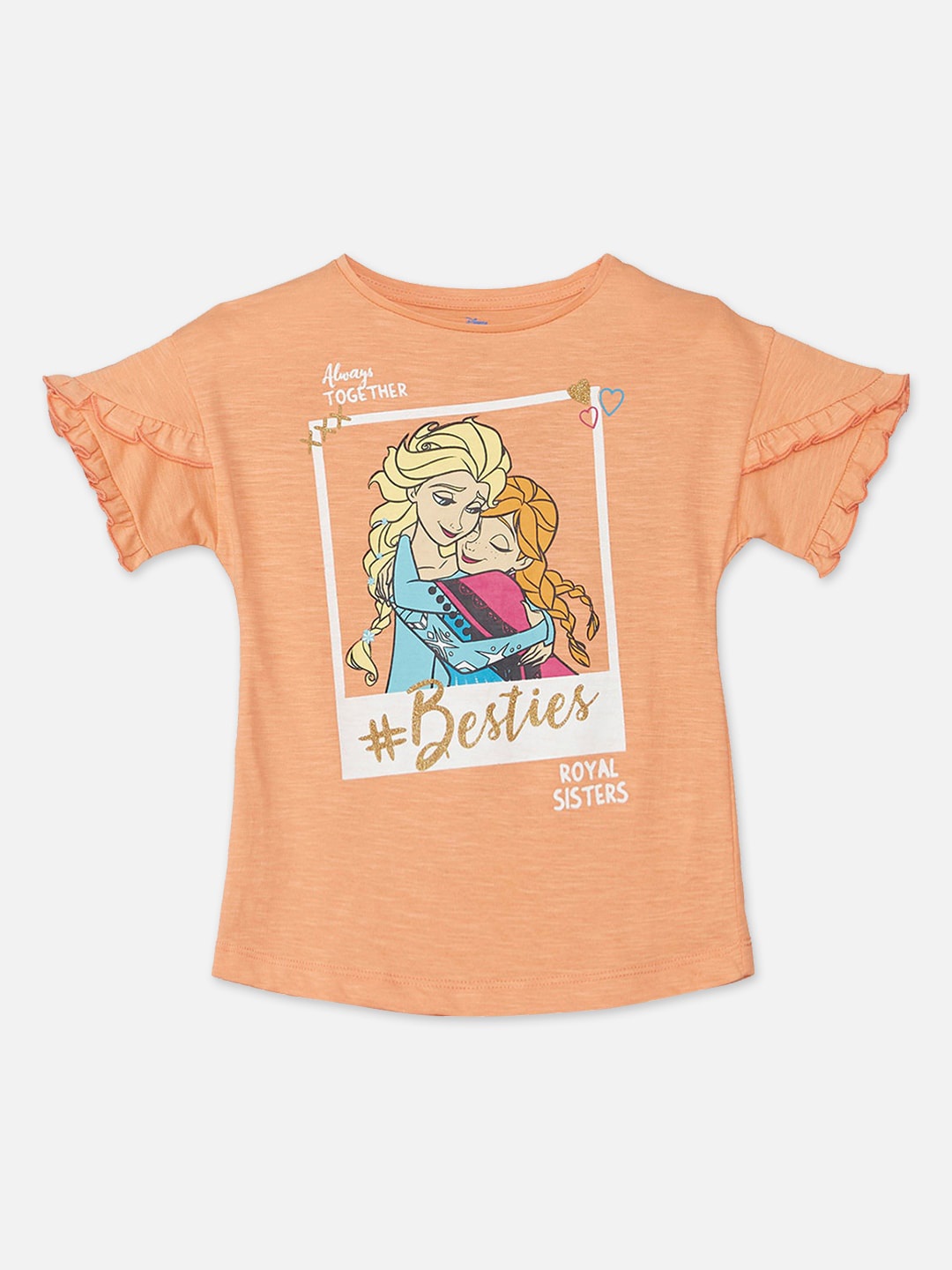 

Kids Ville Girls Peach-Coloured Frozen Printed Cotton Round Neck Pure Cotton T-shirt