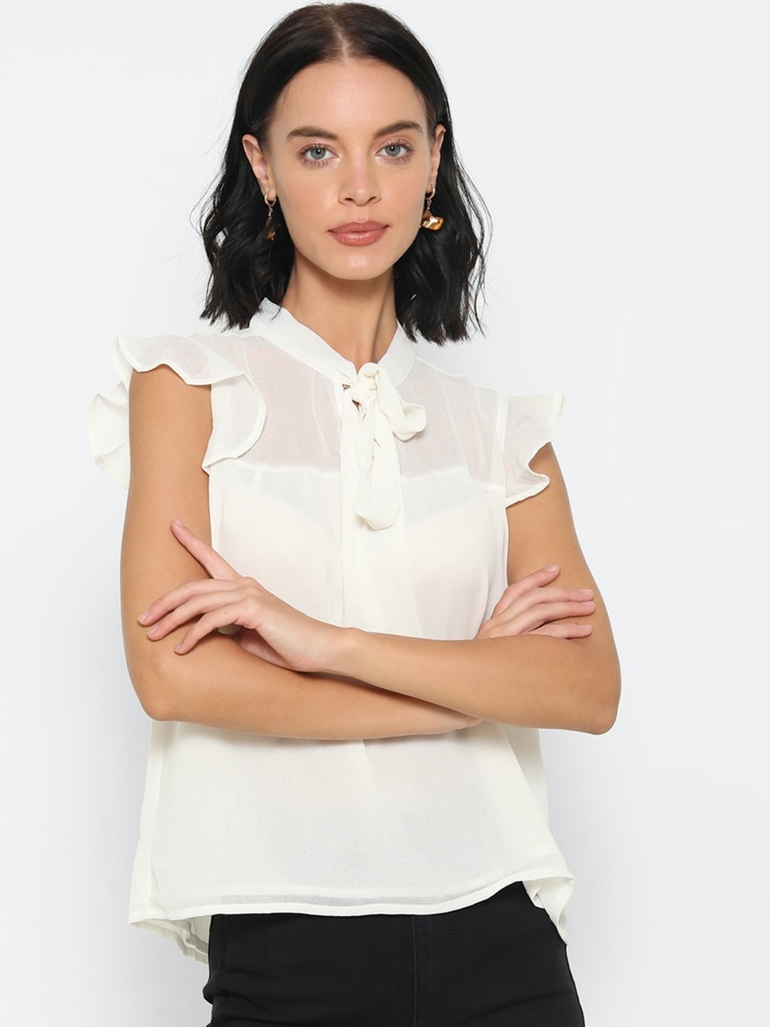 

FOREVER 21 White Tie-Up Neck Flutter Sleeves A-Line Top