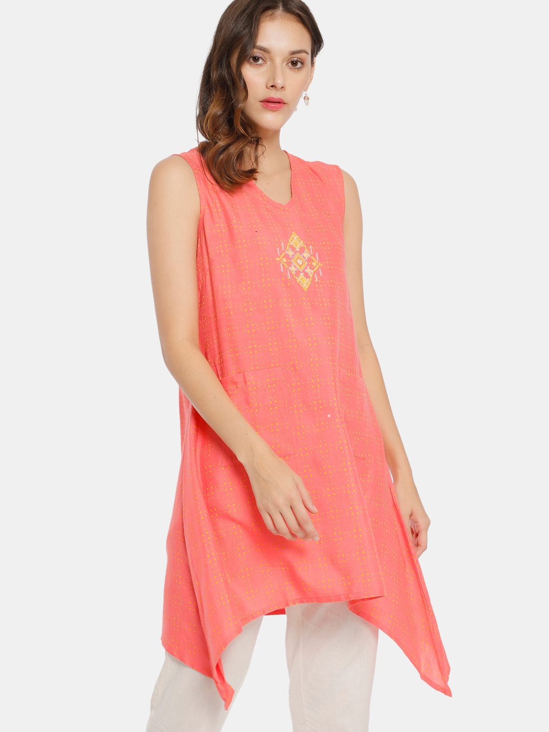 

Karigari Women Peach-Coloured & Yellow Ethnic Motifs Printed Cotton Kurta