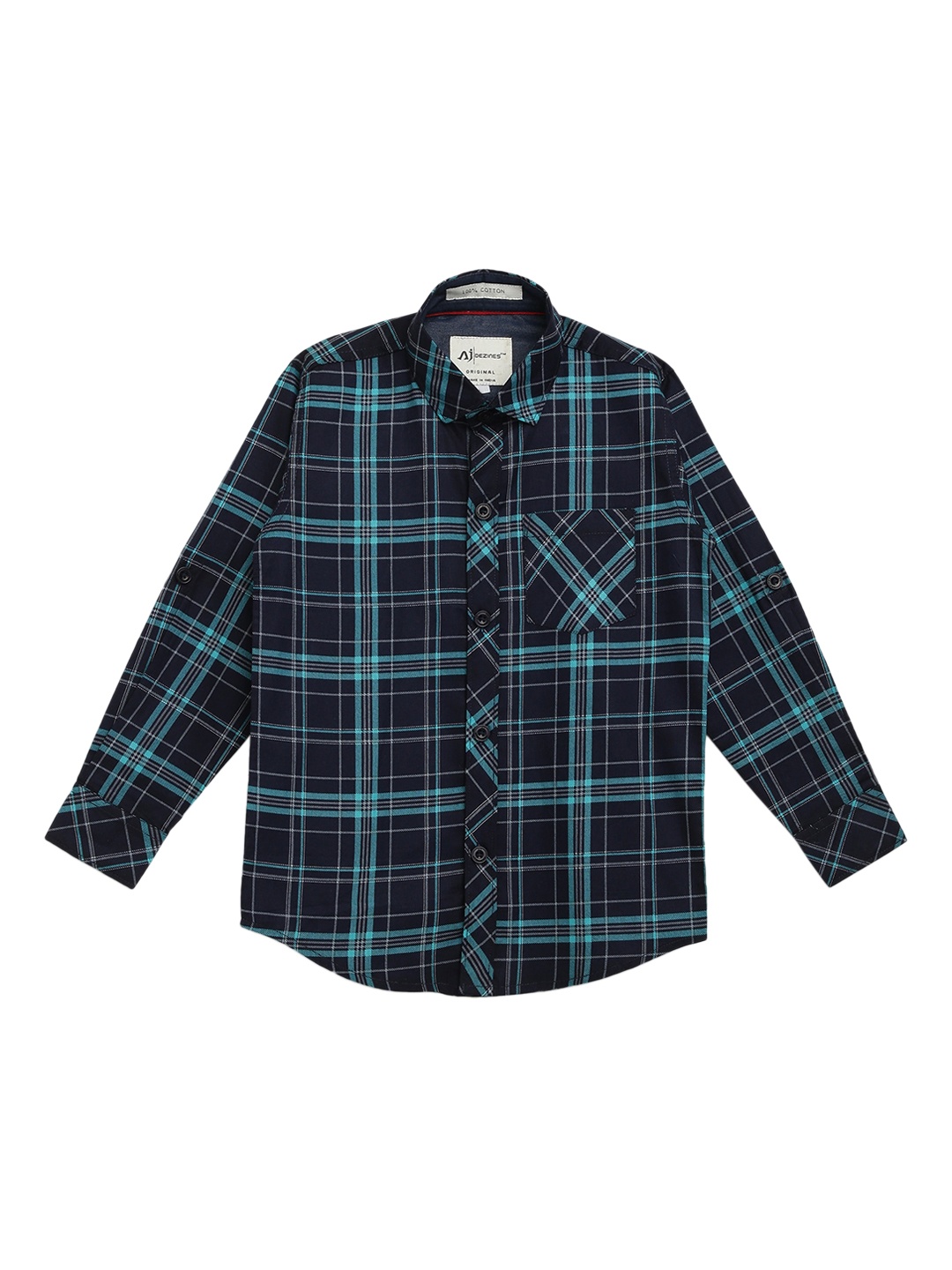 

Aj DEZInES Boys Navy Blue & Turquoise Blue Regular Fit Checked Casual Shirt