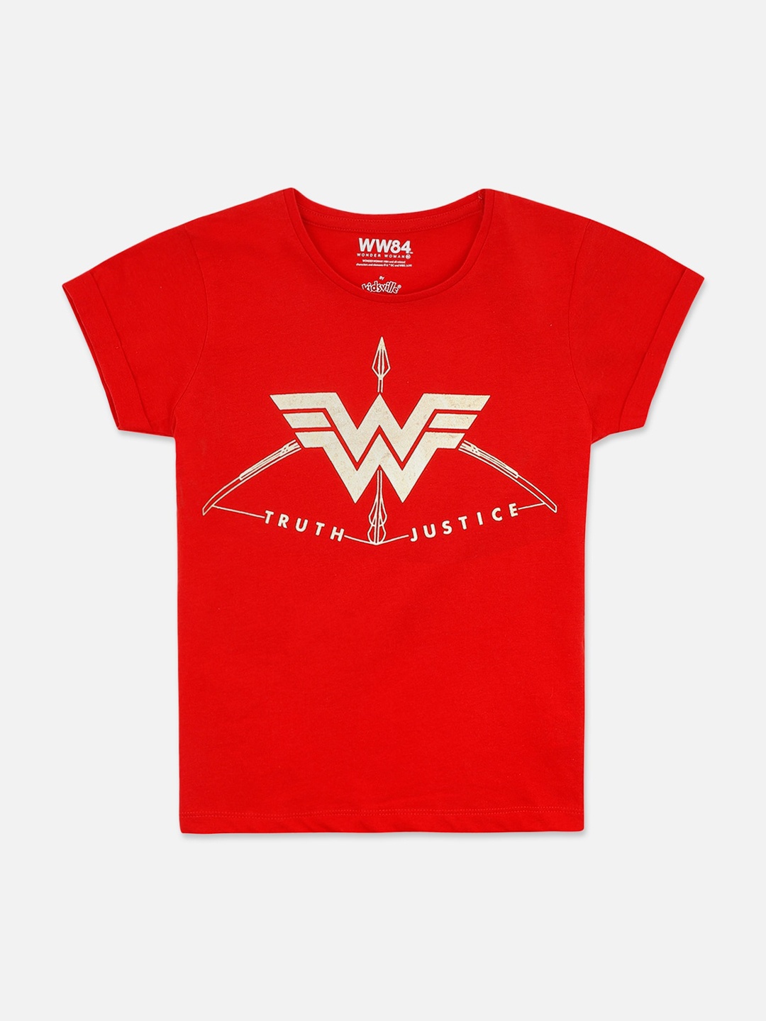 Kids Ville Girls Red Wonder Woman Printed Round Neck Cotton Pure Cotton T-shirt