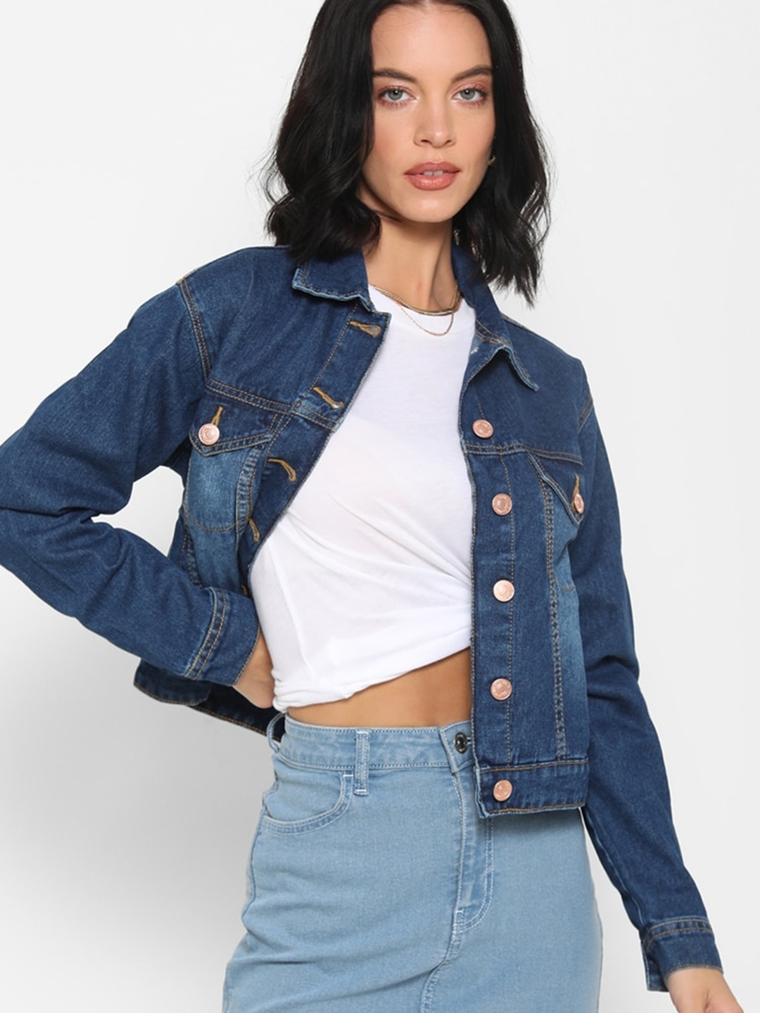 FOREVER 21 Women Blue Solid Denim Jacket
