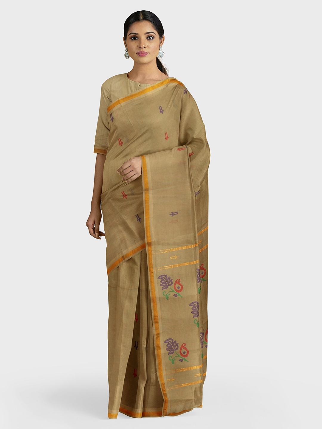 APCO Beige Woven Design Pure Cotton Saree