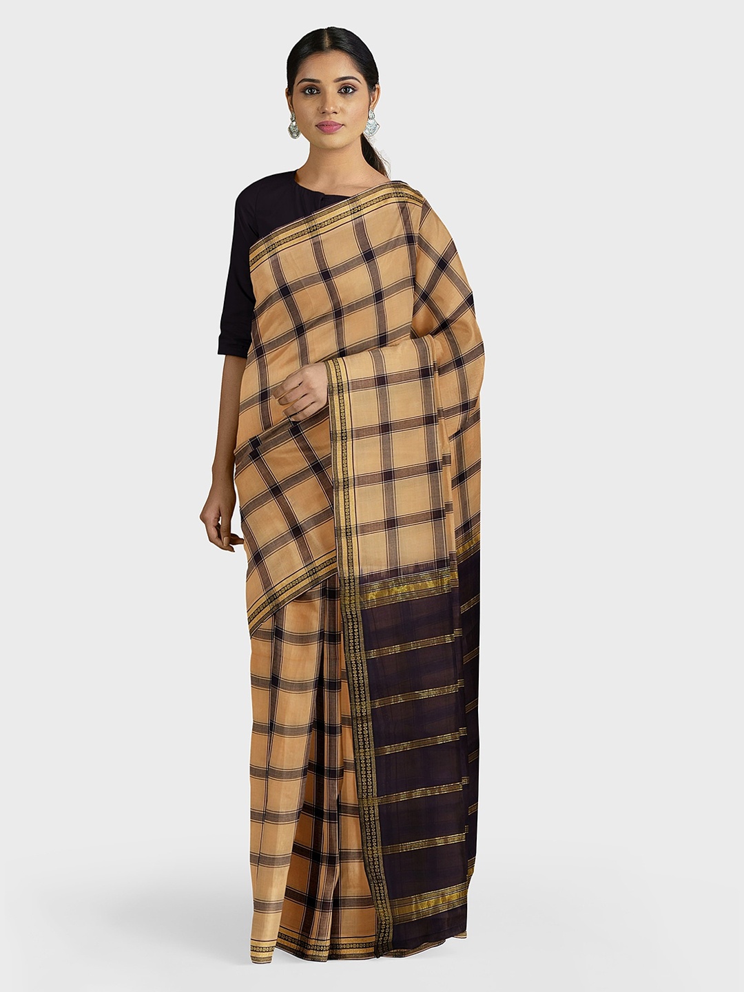 

APCO Beige & Black Pure Cotton Checked Saree