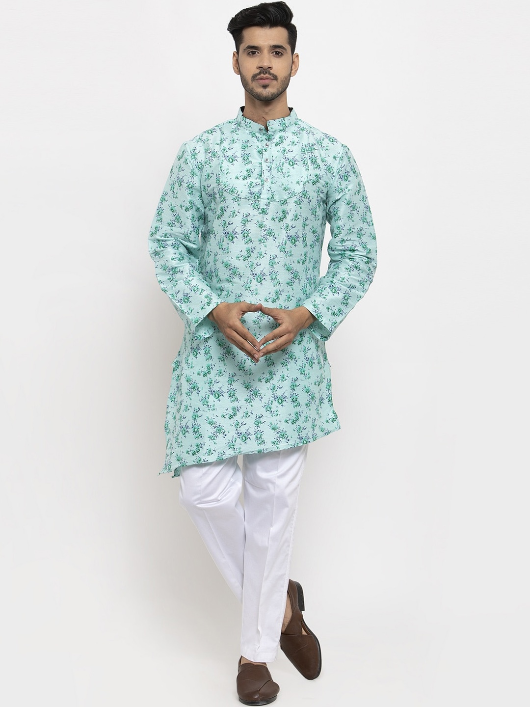 

KLOTTHE Men Turquoise Blue & White Printed Kurta with Pyjamas