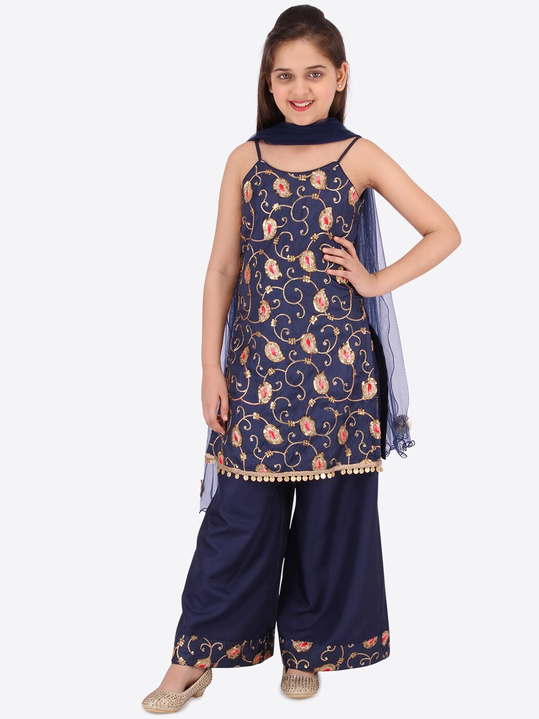 

CUTECUMBER Girls Navy Blue Embroidered Kurta with Palazzos & Dupatta