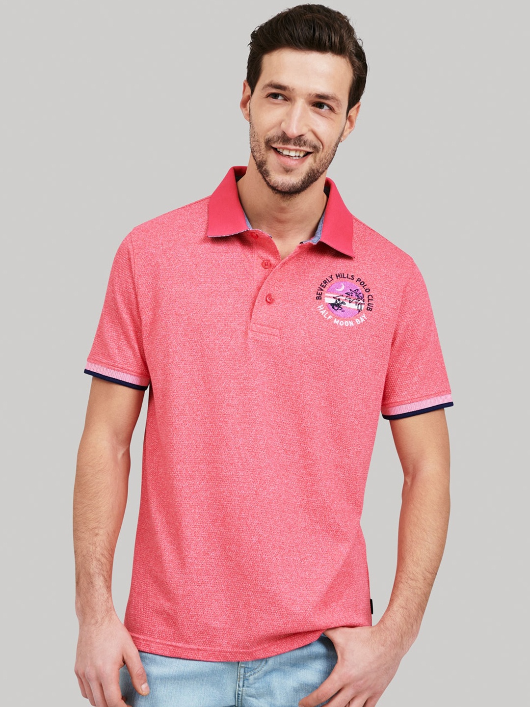 

Beverly Hills Polo Club Men Pink Brand Logo Printed Polo Collar T-shirt