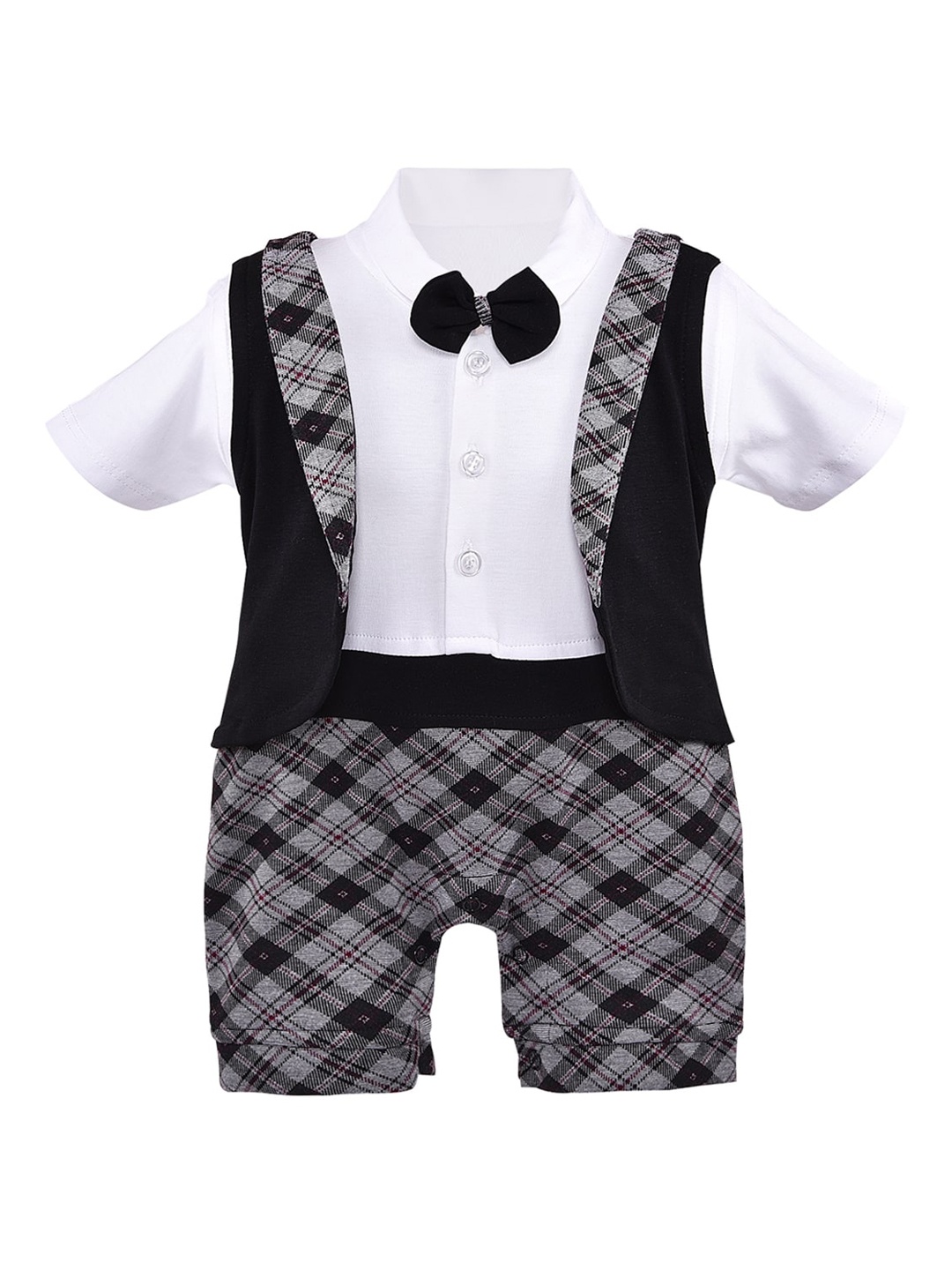 

Wish Karo Infant Kids Black & White Checked Cotton Waist Coat Applique Rompers
